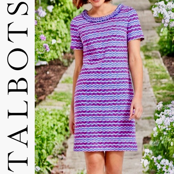 TALBOTS JERSEY KNIT RUFFLED NECK DRESS. PINK & PURPLE ZIG ZAG STRIPES. LIKE NEW - Picture 3 of 10